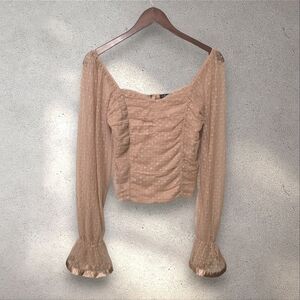 L - Dusty Pink Swiss Dot Ruched Bell Sleeve Top by A.. Love Story